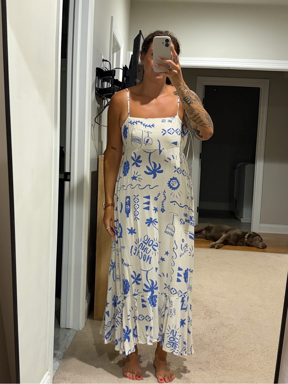 Blue & White Printed Spaghetti-Strap Maxi Dress - Women